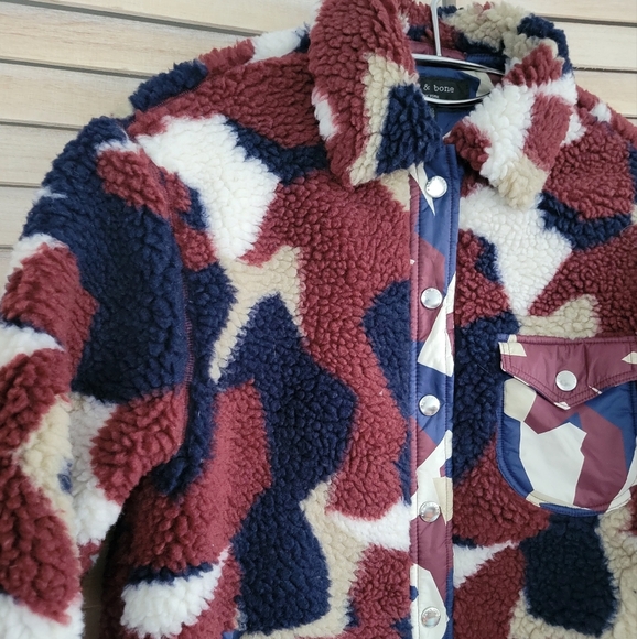 Rag & bone Elliot Burgundy Camo Print Fleece Sherpa Button Up Jacket XXS - Picture 5 of 7